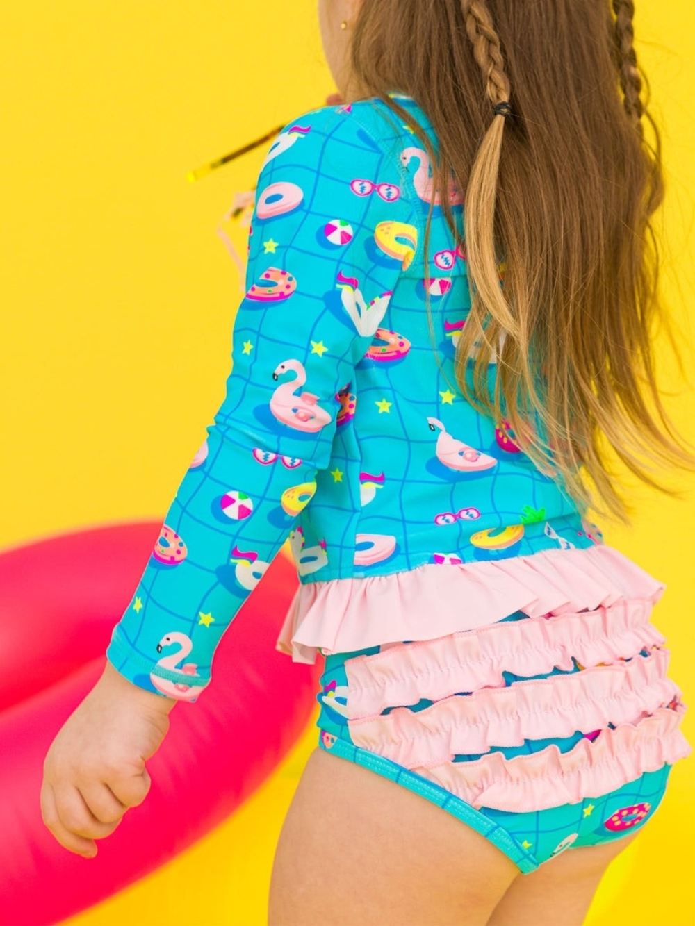 Ruffle Butts - Turquoise & Pink Swan Ruffle Baby Rashguard Set - Picture 3 of 3
